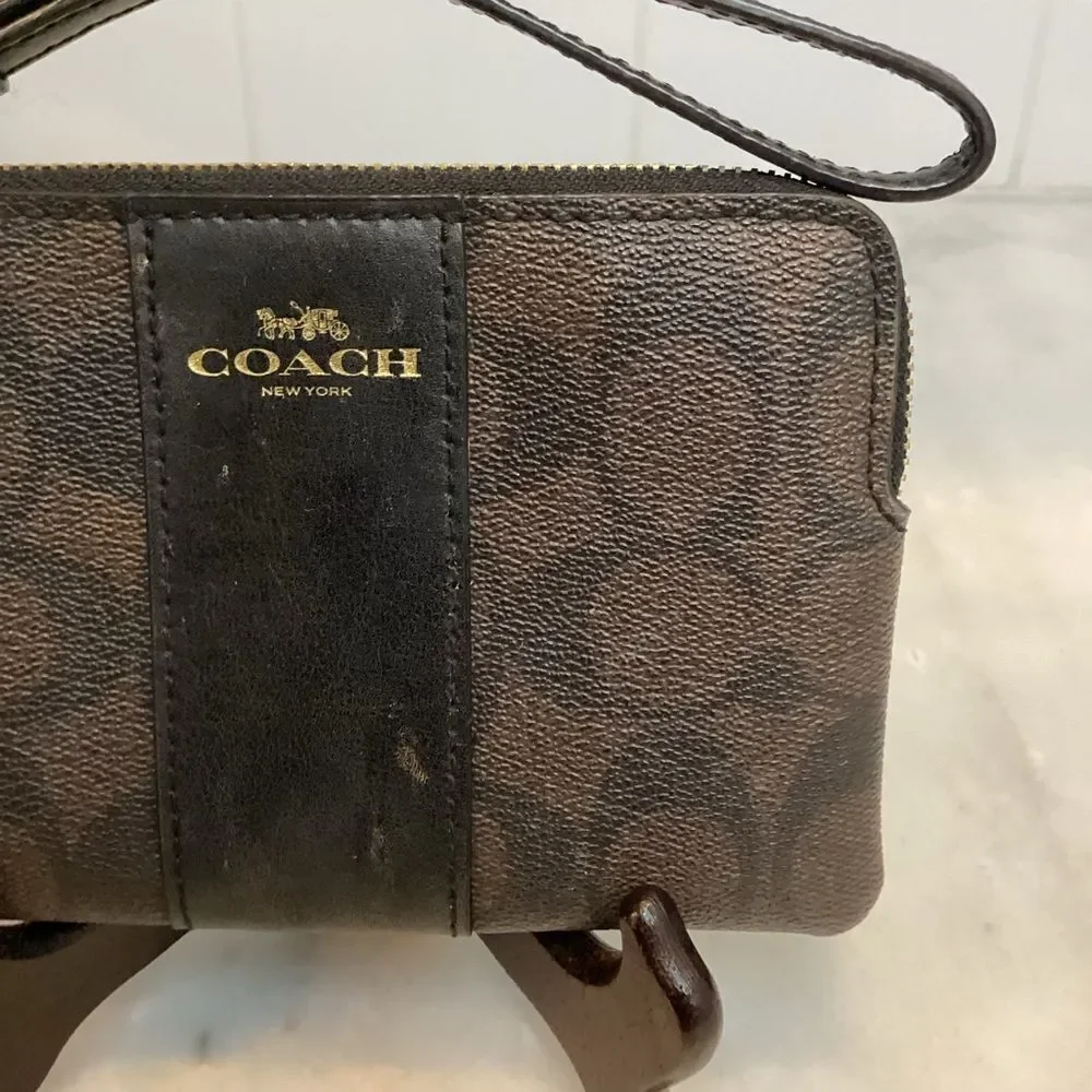 Coach Wristlet Bag Purse Small Signature Canvas Corner Zip Wallet Pouch